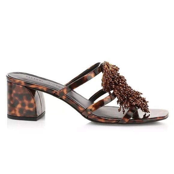 REBECCA MINKOFF 7 37.5 Raygan Seed Bead Fringe Tortoise Print Heeled Mule Sandal - Picture 2 of 14